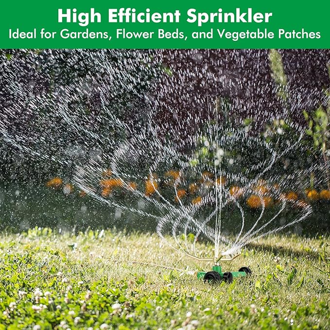 RESTMO 3-Arm Metal Sprinkler with Wheel Base, 360 Degree Automatic Rotary Lawn Sprinkler System for Garden Plant, Flower Bed and Yard Watering and Large Yard Area Watering