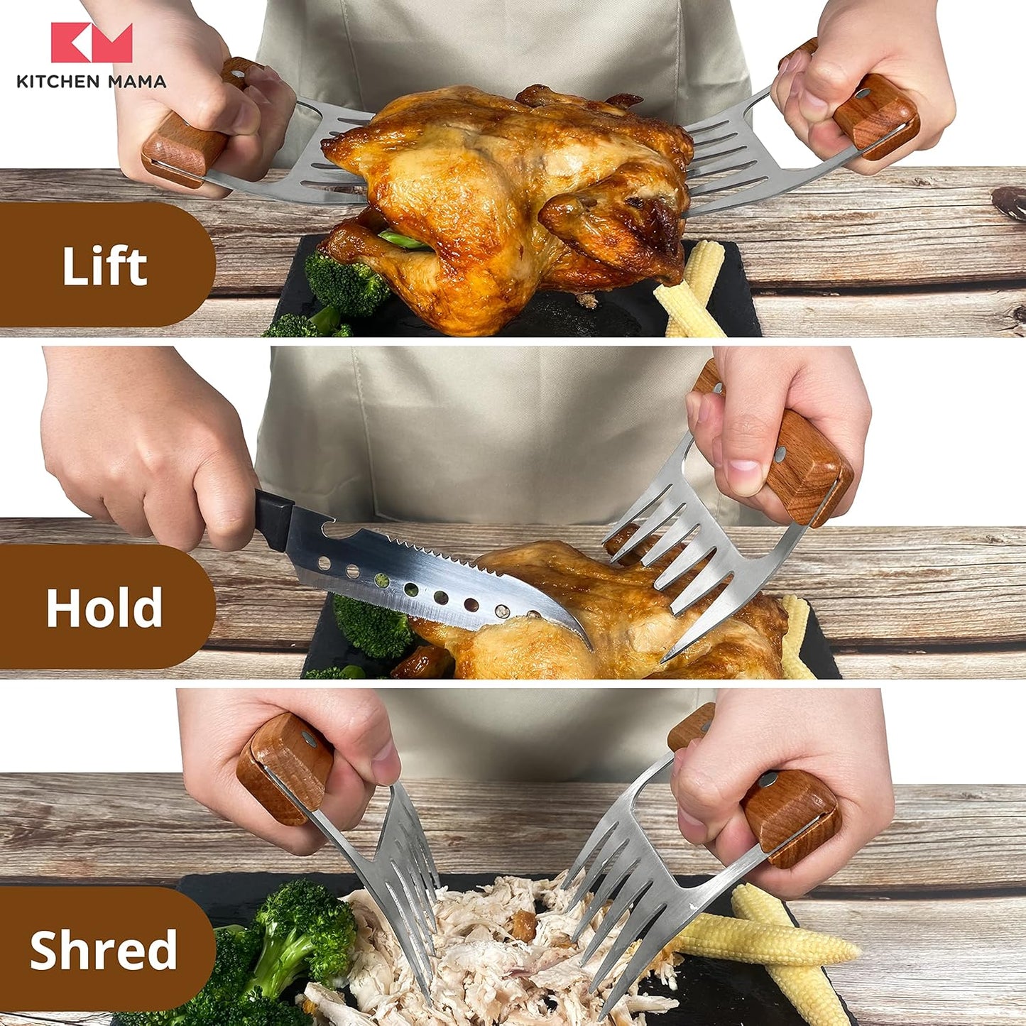 Kitchen Mama Meat Claws: Stainless Steel Shredder Claws with Wooden Handle for BBQ, Shredding, Pulling Pork, Chicken, Beef, and Turkey - Perfect for Grill Masters (1 Pair)