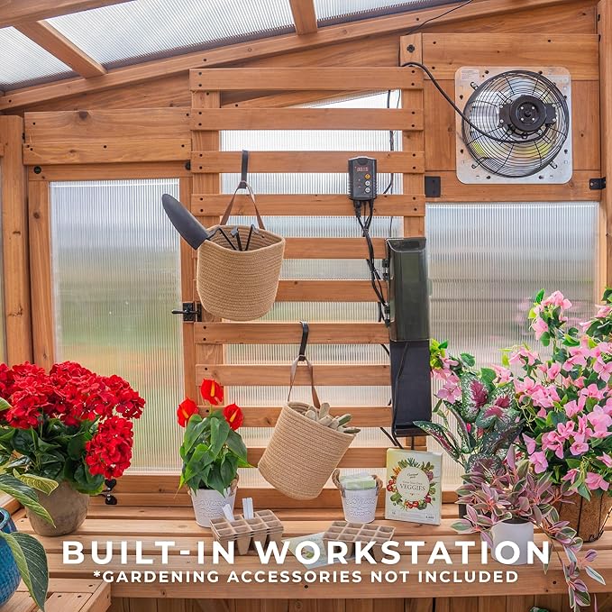 Backyard Discovery Willow 9' x 6' Cedar Wood and Polycarbonate Walk-in Greenhouse Kit with Exhaust Fan, Windows, Hose Hook-Ups, PowerPort, Staging Shelves for Year-Round Outdoor Gardening
