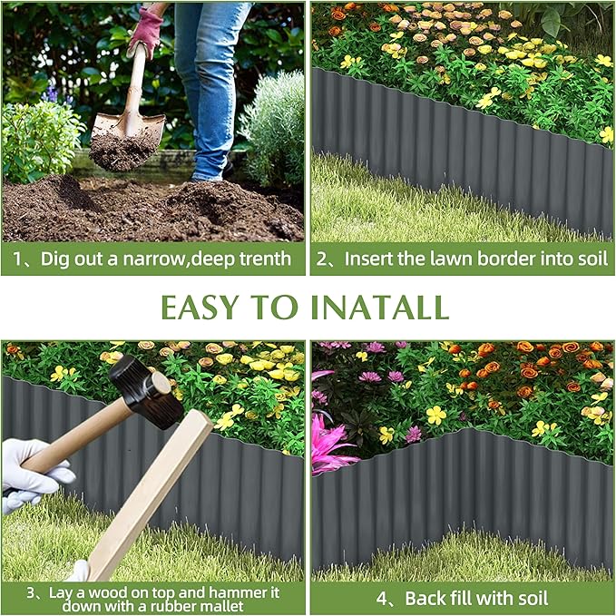 Metal Garden Edging Border, Corrugated Steel Landscaping, DIY for Lawn (Black, 8 Inch x 10FT)
