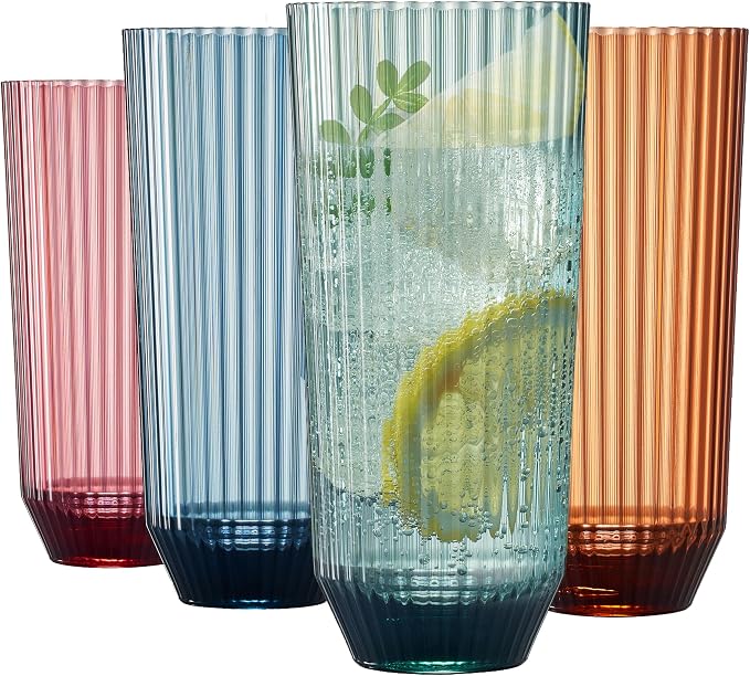 Khen Plastic Acrylic Ribbed Drinking Glasses – Set of 4 Multicolor 11.8oz by Khen