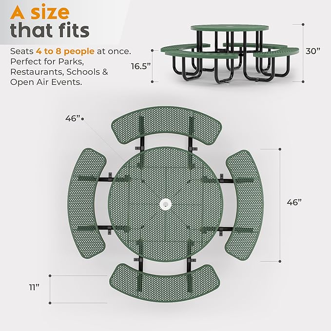 Metal Picnic Tables for Outdoors with Umbrella Hole - Coated Steel Heavy Duty Commercial Grade Table with Adjustable Seats (Green, 46 in, Round, Expanded Steel)