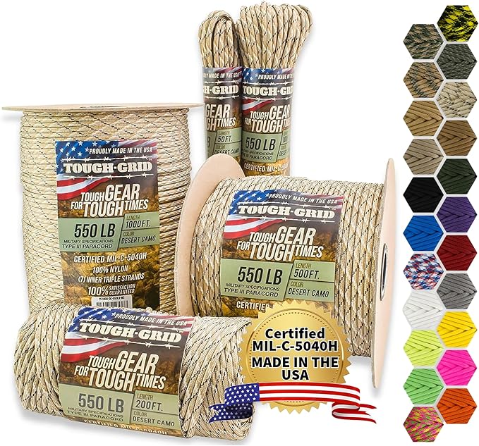 TOUGH-GRID 550 Paracord, Type III Mil-Spec Nylon Rope - 50 Ft Desert Camo by TOUGH-GRID