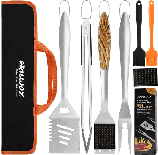 Grilljoy 8PCS Heavy Duty BBQ Grill Tools Set with Extra Thick Stainless Steel Spatula, Fork, Tongs & Cleaning Brush - Complete Barbecue Accessories Kit with Portable Bag - Perfect Grill Gifts for Men