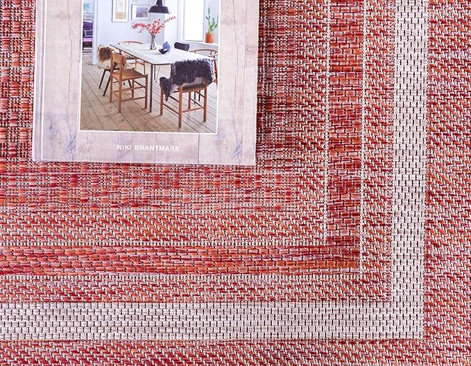 Unique Loom Outdoor Border Collection Area Rug - Soft Border (9'x 12' Rectangle, Rust Red/ Ivory)
