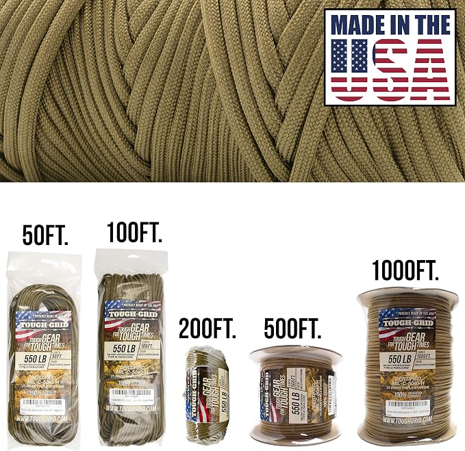 TOUGH-GRID 550 Paracord, Type III Mil-Spec Nylon Rope - 200 Ft Grizzly Brown - Image 2