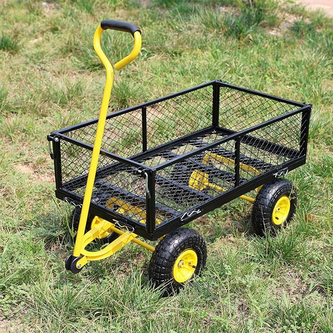 Steel Garden Cart 400 lbs Capacity with Removable Steel Mesh Sides to Convert into Flatbed, Utility Metal Wagon 180°Rotating Handle Multi-Purpose