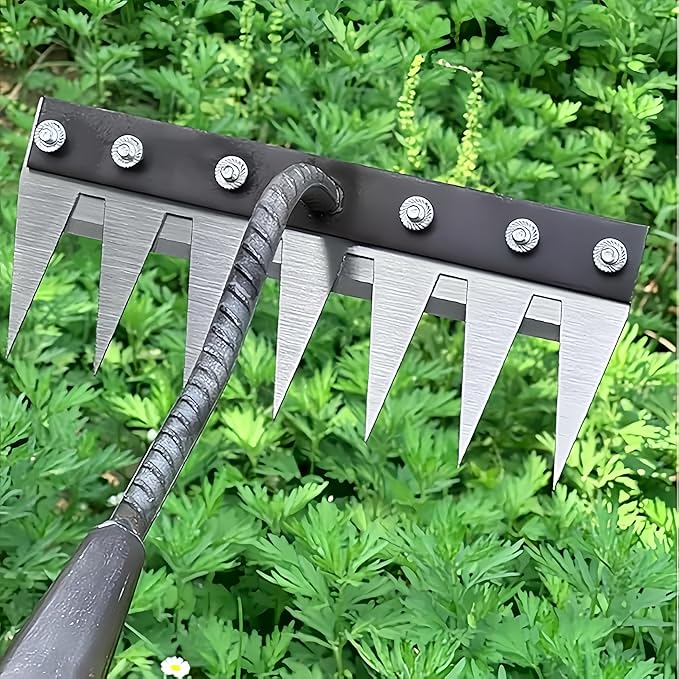Gardenia Iron Weeding Rake, Iron Rake 2.0 for Gardening and Weeding, Detachable Double-Edged Blade Design Carbon Steel Heavy-Duty Weed Rakes,Hand Weed Puller Tools for Lawn Yard Garden Farm (8 teeths)