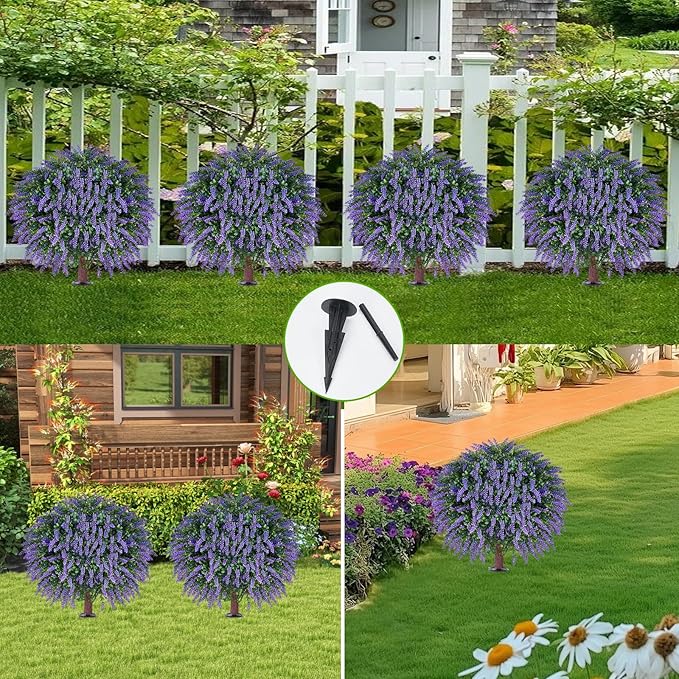 Artificial Lavender Topiany Ball Trees Set of 2,17” Resistant Fake Evergreen Shrubs with Ground SpilRealistic Outdoor Indoor Plants for Garden Porch Maintenance-Free Potted