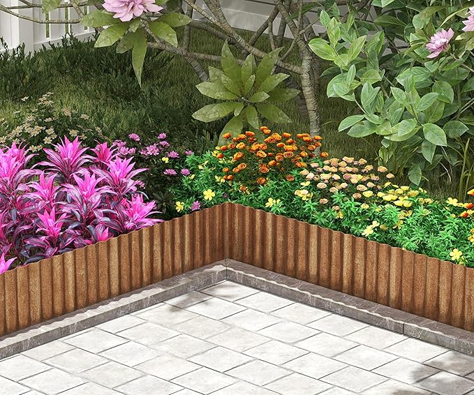 Metal Garden Edging Border, Corrugated Steel Landscaping, DIY for Lawn (Rusty, 8 Inch x 10FT)