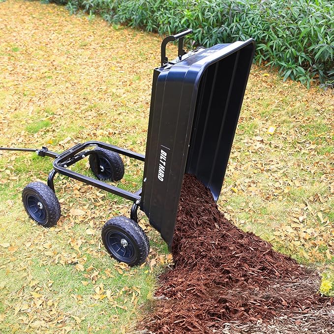 BILT HARD 4 Cu.Ft. 10" No-Flat Tires Poly Yard Dump Cart with 180° Rotating Handle, 600 lbs Capacity Heavy Duty Garden Carts and Wagons