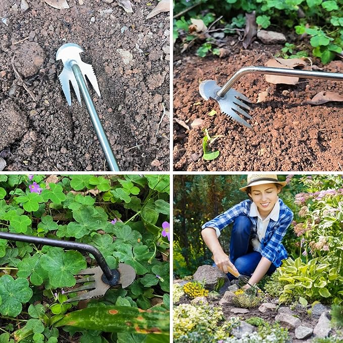 Weeding Artifact Uprooting Garden Weeding Tool, Upgraded Weed Removal Tool, Stainless Steel/Manganese Steel Weed Puller Manual Weeders for Home Gardening Yard Farmland (12in Stainless Steel Wood)