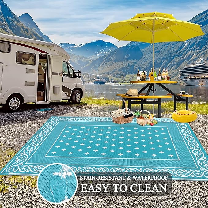 Pauwer Waterproof Outdoor Rug 9x12, Reversible Plastic Straw Patio Camping Rug, Indoor Outdoor RV Mat Carpet for Deck, Camper, Porch, Balcony, Backyard, Picnic, Bordered Teal