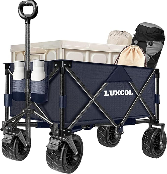 LUXCOL Collapsible Folding Wagon, Heavy Duty Utility Beach Wagon Cart for Sand with Big Wheels, Adjustable Handle&Drink Holders for Shopping, Camping,Garden and Outdoor Dark Blue