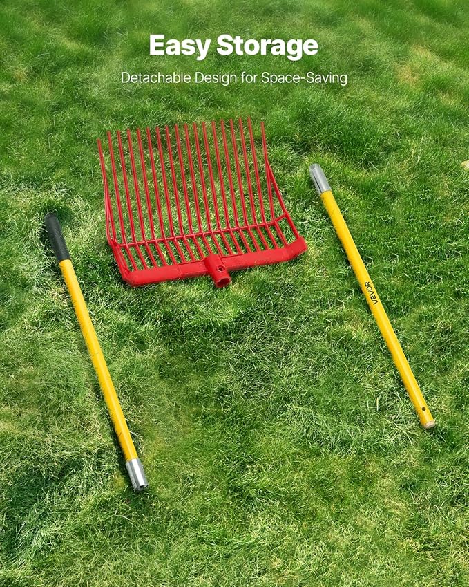 VEVOR Manure Fork, 18 Angled Tines, Horse Manure Rake with Long Fiberglass Handle, 61 in Durable Plastic Pitchfork Muck Rake Tool for Gardening Horse Stall Stable Grass Hay Cleaning Farm Work