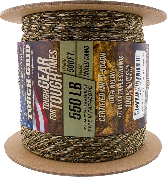 TOUGH-GRID 550 Paracord, Type III Mil-Spec Nylon Rope - 500 Ft Mixed Camo - Image 3