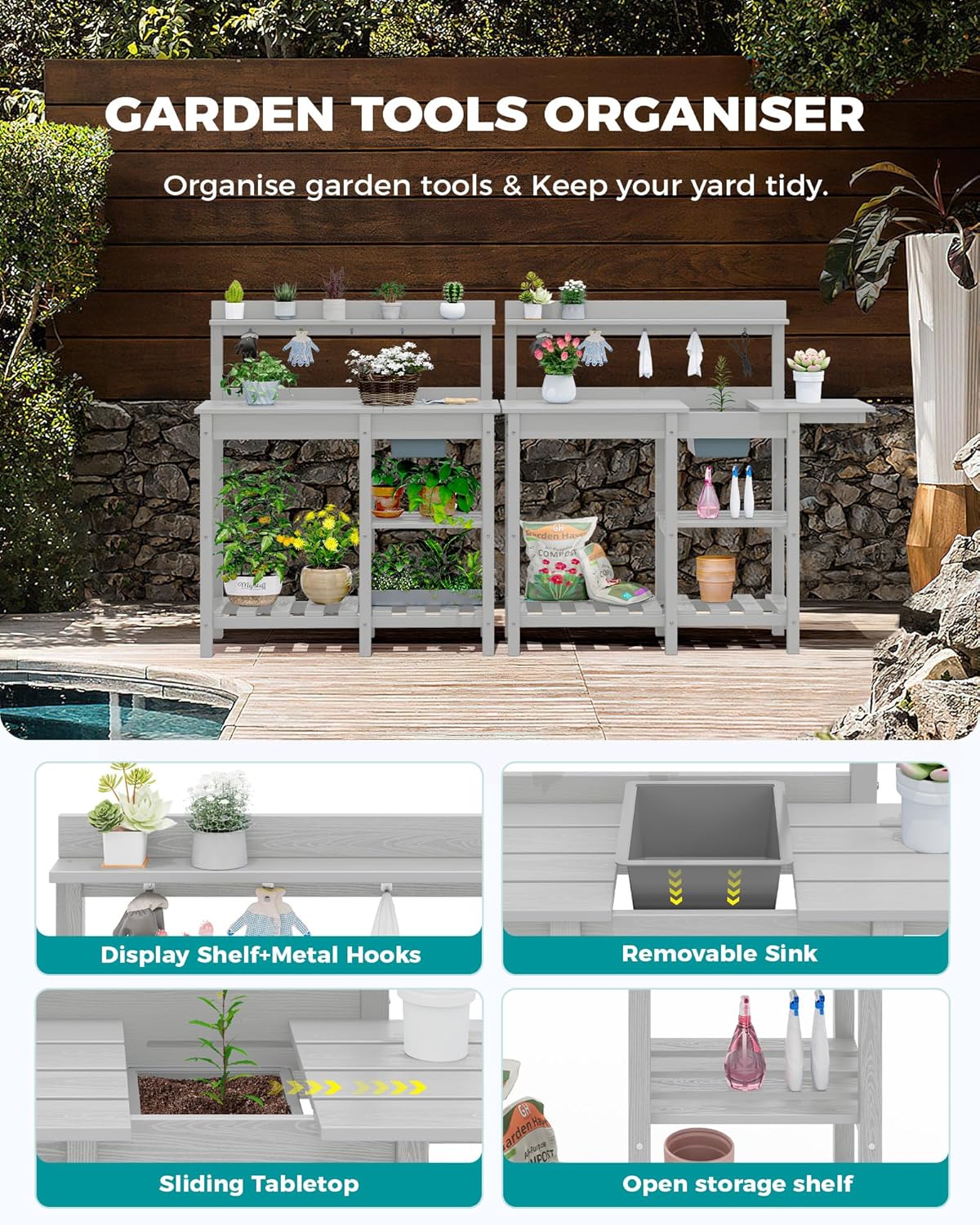 SERWALL Potting Bench Set of 2 Outdoor Potting Table with Sink, HDPE Potting Benches for Outside Gardening Table All Weather Use- Spanish Gray