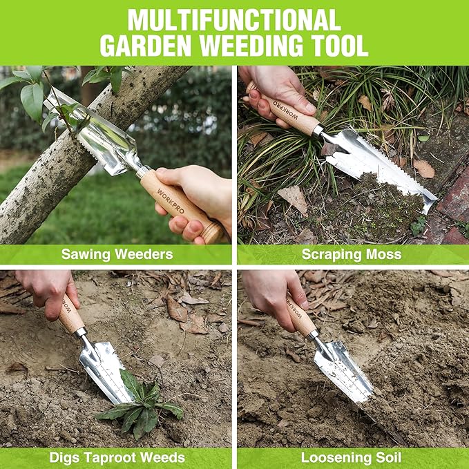 WORKPRO 12.5" Weeder Puller Tool with Wood Handle, 4-in-1 Polished Stainless Steel Garden Trowel, Hori Hori Garden Knife for Easy Weeder Removal, Planting, Weeding, Small Gardening Hand Tools
