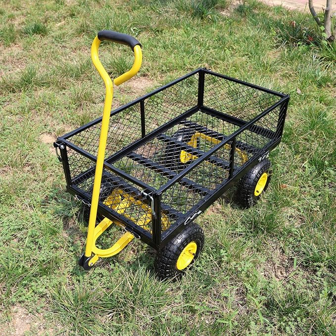 Steel Garden Cart 400 lbs Capacity with Removable Steel Mesh Sides to Convert into Flatbed, Utility Metal Wagon 180°Rotating Handle Multi-Purpose