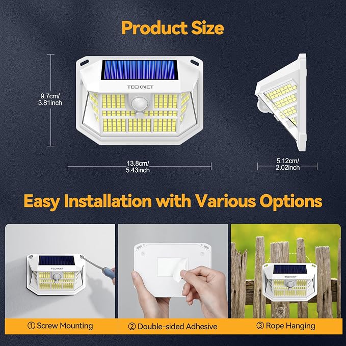 TECKNET 231 LED Solar Motion Lights Outdoor Waterproof, 4 Pack 300° Angle & 3 - Image 7