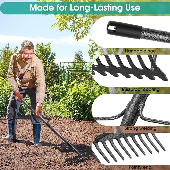 Garden Rake:63 Inch Metal Garden Leaf Rake with 17 Tines, Heavy Duty Bow Rakes for Lawn Yard Leaves Debris Mulch Gravel Thatch Clean,Lawn Care Gardening Landscaping