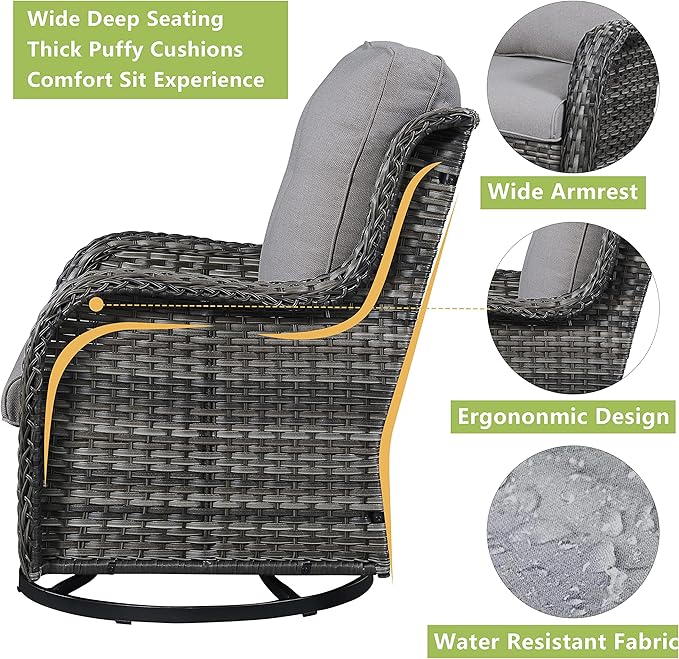 Outdoor Wicker Patio Furniture Set - 5 Piece Rattan Patio Conversation Set with 2 Rocking Swivel Chairs,2 Ottomans and 1 Sofa for Porch Deck Backyard Garden(Mixed Grey/Grey)