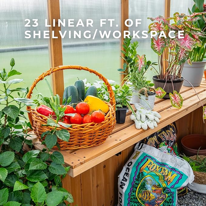 Backyard Discovery Zalie 11' x 7' Cedar Wood and Polycarbonate Walk-in Greenhouse Kit with Exhaust Fan, Windows, Hose Hook-Ups, PowerPort, Staging Shelves for Year-Round Outdoor Gardening