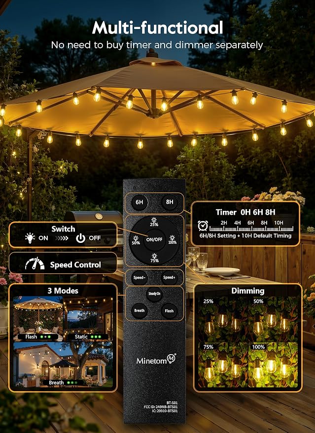 Minetom 34FT Solar String Lights Outdoor Waterproof, 9 LED S14 Shatterproof Bulb - Image 4