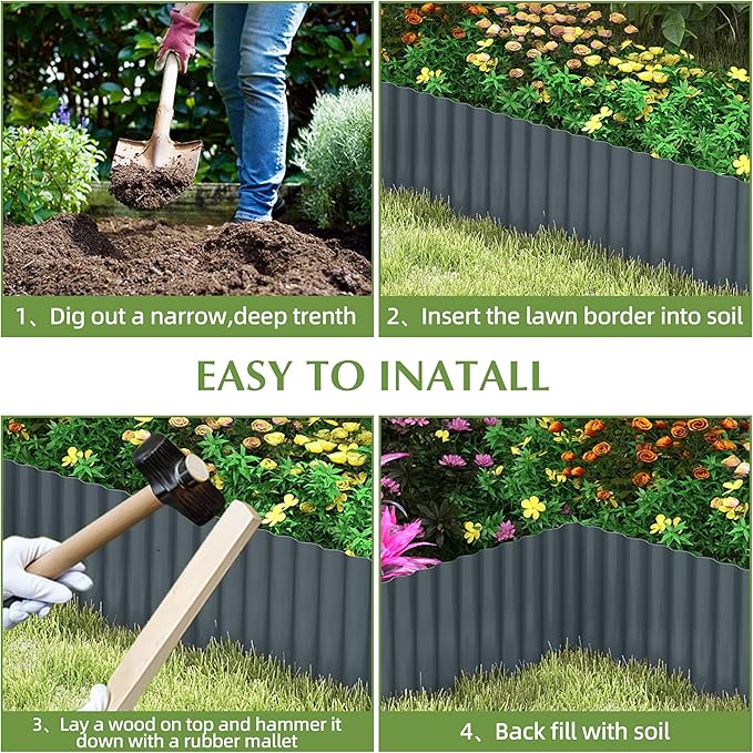 Metal Garden Edging Border, Corrugated Steel Landscaping, DIY for Lawn (Black, 10 Inch x 20FT)