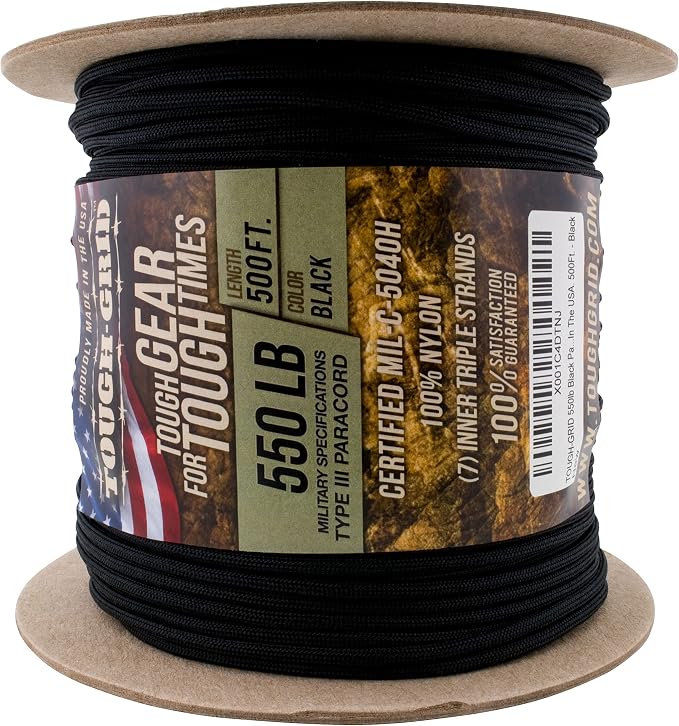 TOUGH-GRID 550 Paracord, Type III Mil-Spec Nylon Rope - 500 Ft Black Tactical - Image 3