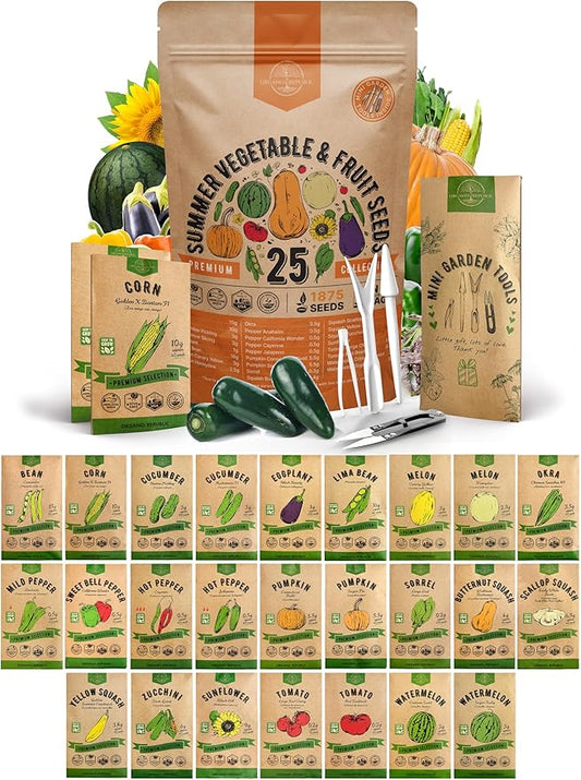 25 Summer Vegetable & Fruit Seeds Variety Pack - 1,870+ Non-GMO Heirloom Veggie & Fruits Seeds for Outdoors and Indoor Home Gardening, Including Collards, Tomato, Pepper, Okra, Onion, Bean, Cucumber