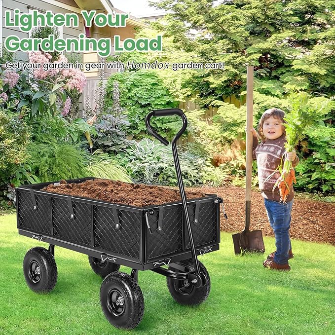 Homdox MAX 880LB Garden Cart, Heavy Duty Garden Wagon, Mesh Foldable Garden Cart, Pullable Gardens Wagon with 180° Rotating Handle, Collapsible Garden Carts for Yard Beach Farm, Black with Bag