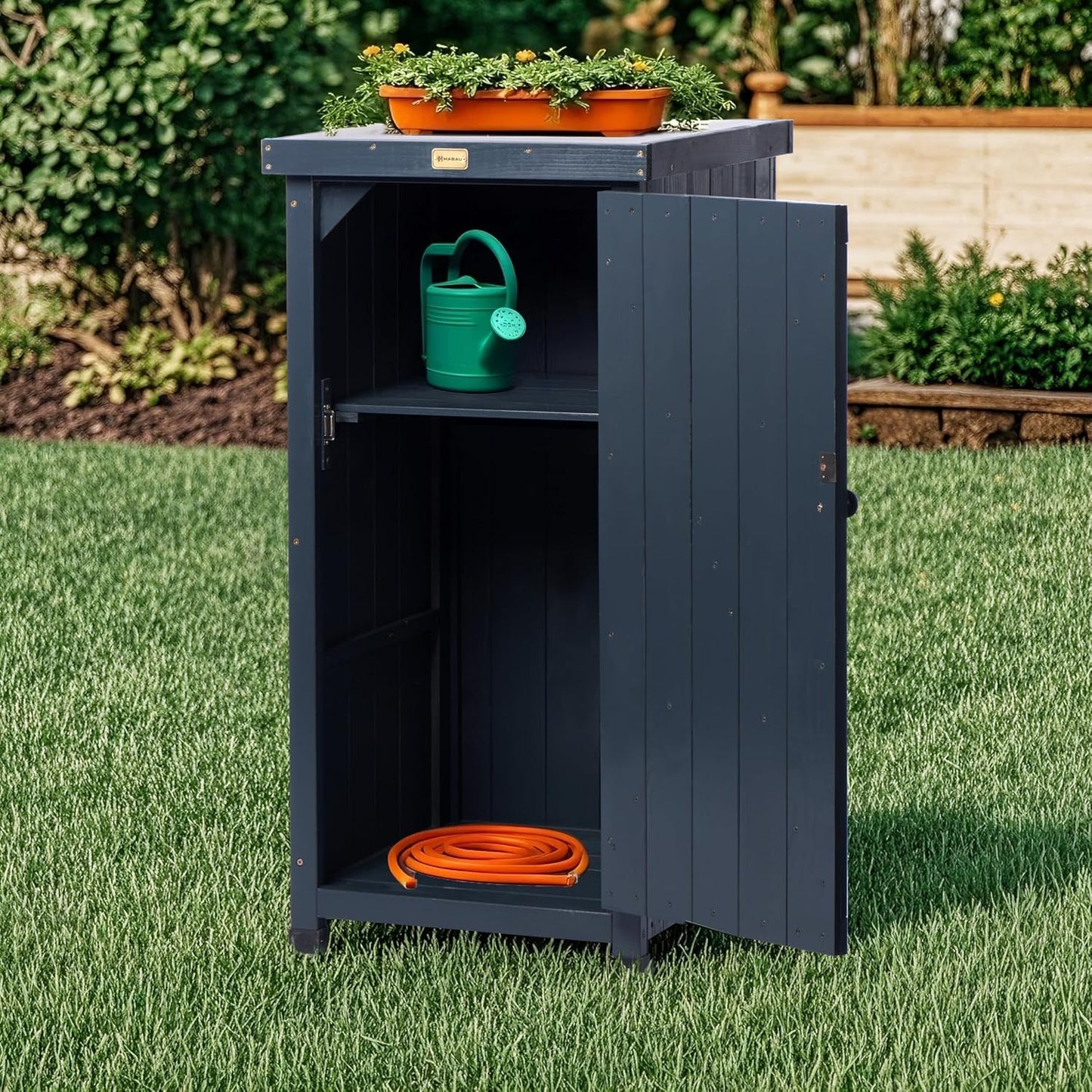 Outdoor Storage Cabinet for Patio, Garden Potting Bench Table with Shelves & Metal-Tabletop, Wooden Planting Work Station, Weatherproof