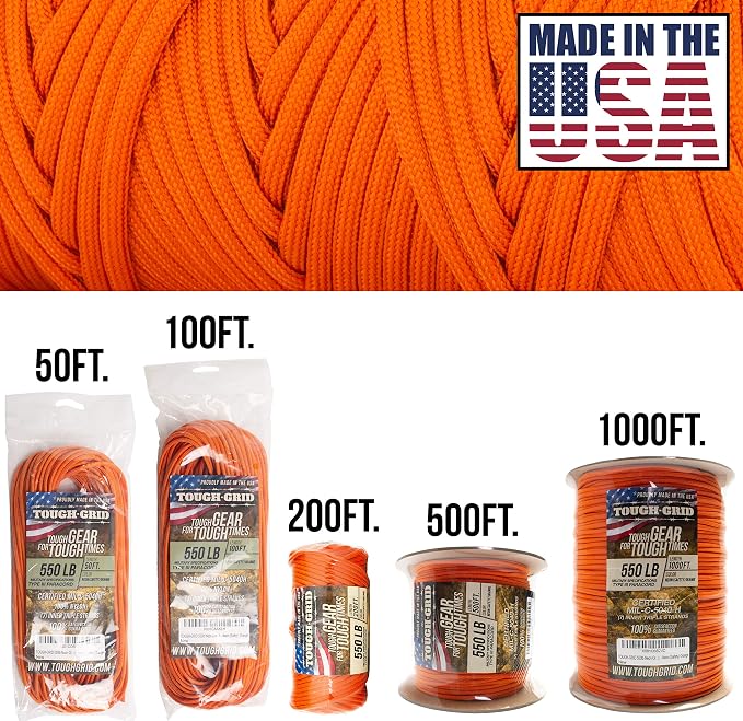 TOUGH-GRID 550 Paracord, Type III Mil-Spec Nylon Rope - 100 Ft Neon Orange - Image 2