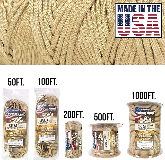 TOUGH-GRID 550 Paracord, Type III Mil-Spec Nylon Rope - 50 Ft Buckskin Tactical - Image 2