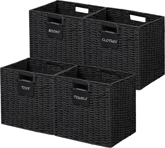 UBBCARE 4 Pack Wicker Basket, 12×12 Storage Cubes with Label, Foldable Cube Storage Bin with Handle, Square Storage Basket for Shelves, Woven Paper Rope Basket for Organizing, Black