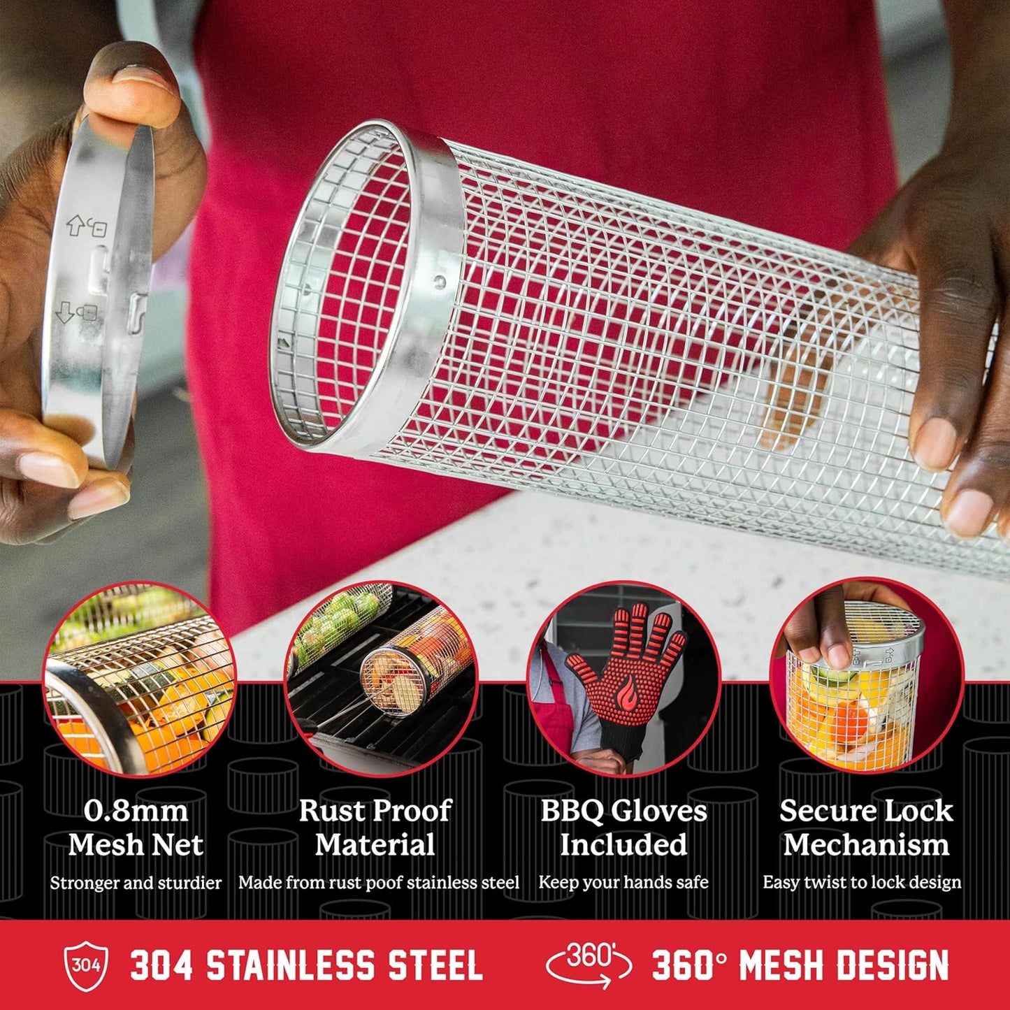 BLAZIN' GRILL Rolling Grill Basket | Rolling Grilling Baskets for Outdoor Grilling 2 Pcs | Barbecue Grill Set with BBQ Gloves | Portable Camping Net Rack Perfect for Vegetables, Seafood & Meat