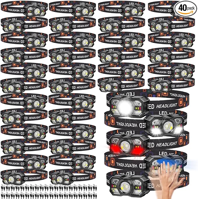 KunHe 40 Pack Headlamp Flashlight Head Lamps led Rechargeable Headlight Motion by KunHe