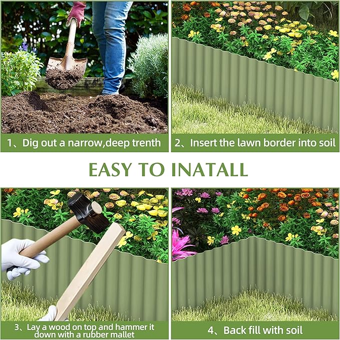 Metal Garden Edging Border, Corrugated Steel Landscaping, DIY for Lawn (Green, 6 Inch x 40FT)