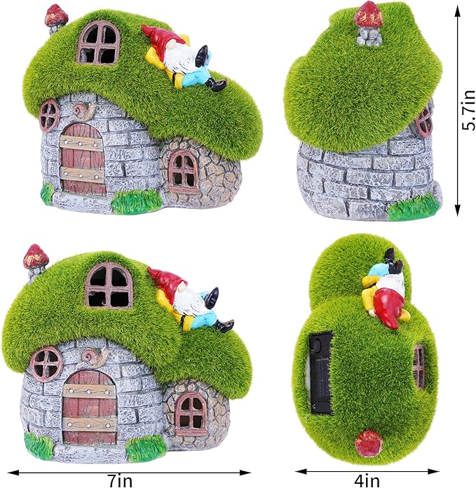 ILLUMINEW House Garden Statues with Solar Lights, LED Cute Flocked Fairy House with Gnomes Garden Figurine, Outdoor Patio Yard Lawn Decorations Gift