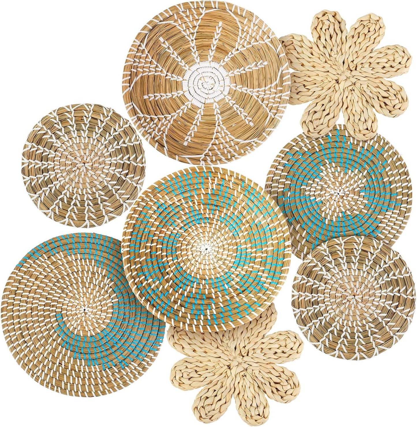 Xuhal Set of 8 Hanging Woven Wall Basket Handmade Decorative Rustic Boho Basket Decor Handcrafted Wicker Round Seagrass Wall Art for Home Kitchen Farmhouse Table Living Room