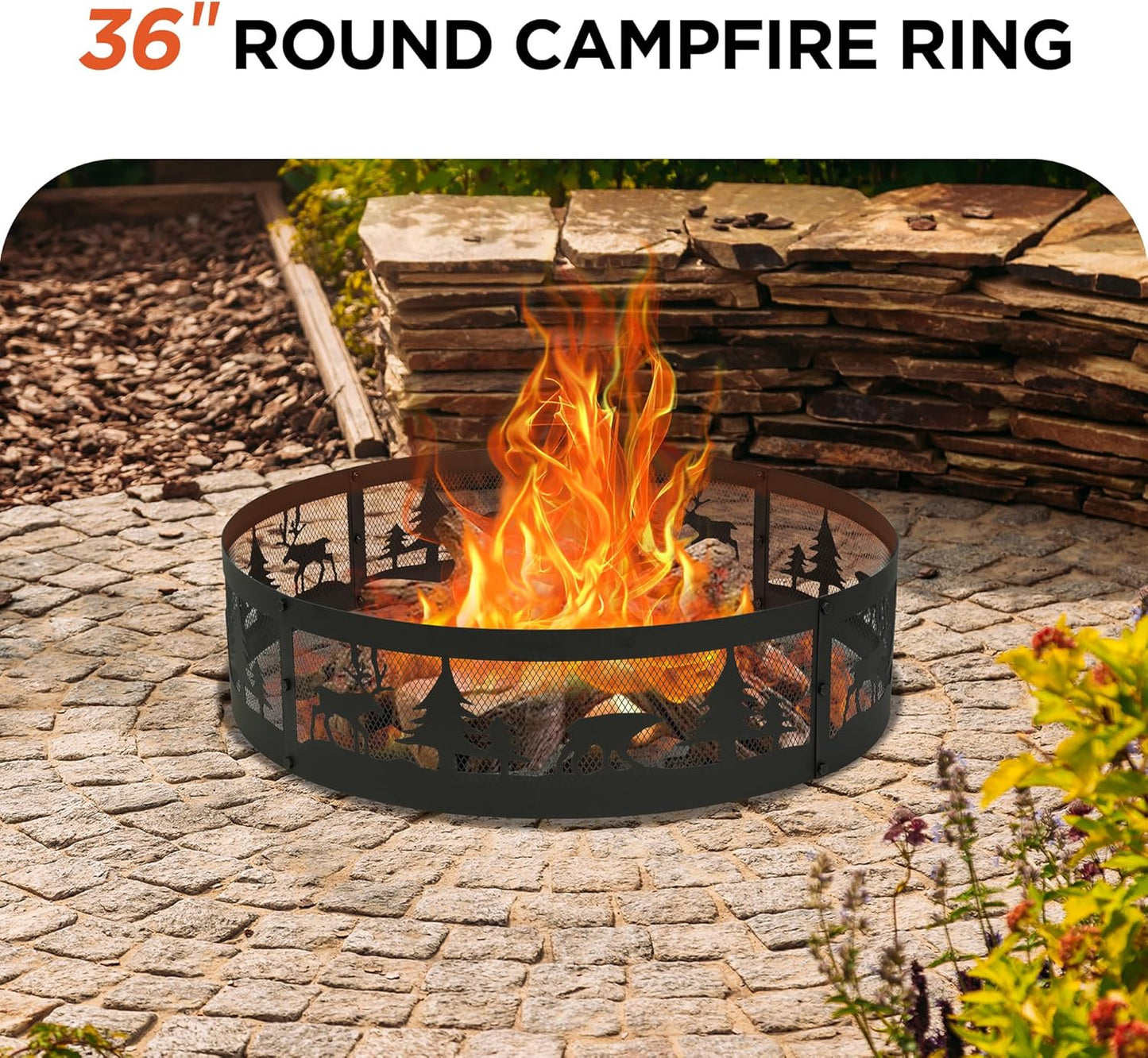 Red Mountain Valley 36 Inch Fire Pit Ring with 360° Forest & Wildlife Design, Portable Steel Wood Burning Firepit Ring for Outdoor Camping, Bonfires, Beach,Patio, fire Pit kit, Black