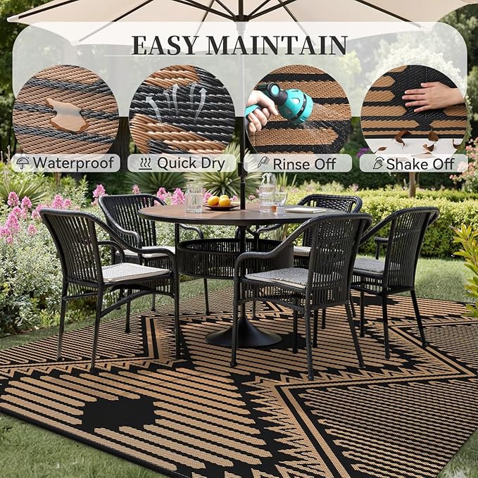 MontVoo Outdoor Rug-Waterproof Patio Rug Mat 5x8 Outdoor Carpet Mat Reversible Plastic Straw Outside Outdoor Rug for RV Camping Picnic Balcony Backyard Pool Deck Porch Modern Boho Black Brown