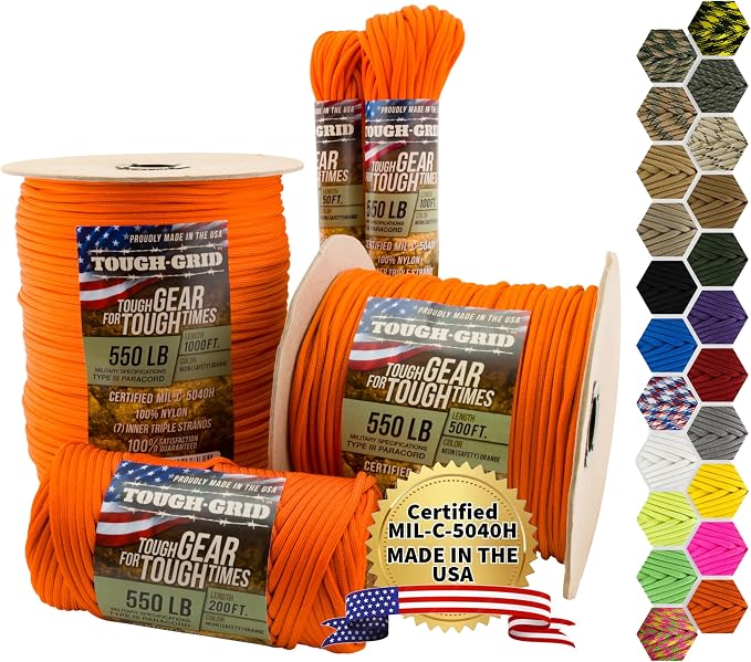 TOUGH-GRID 550 Paracord, Type III Mil-Spec Nylon Rope - 500 Ft Neon Orange by TOUGH-GRID