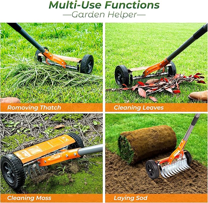 Walensee Dethatching Roller Rake with 76.8'' Adjustable Handle, 2mm Stainless Steel Blades, Heavy Duty Lawn Thatch Remover for Moss, Grass Clippings, Leaves & Debris – Ideal for Yard & Garden Cleanup