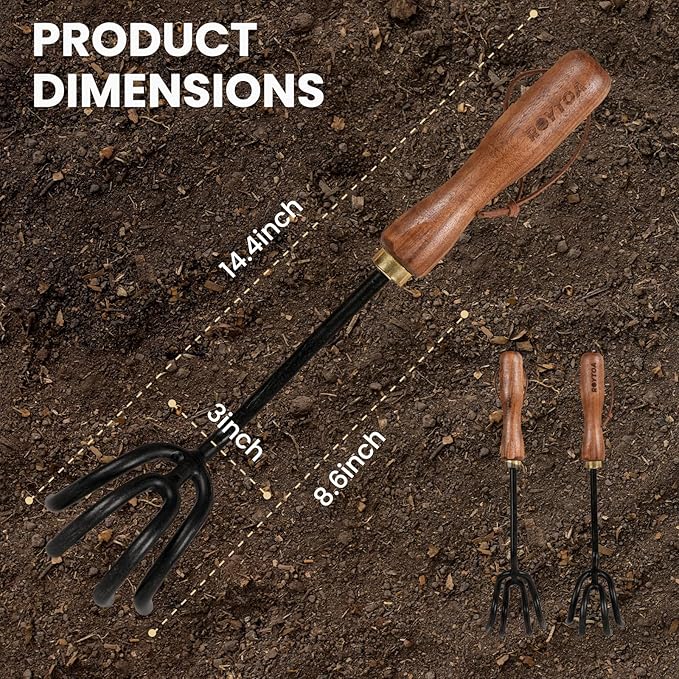 Hand Cultivator Rake, Ergonomic Small Garden Rake with Walnut Handle & 4 Durable Tines, Garden Tools for Weeding, Digging and Cultivating
