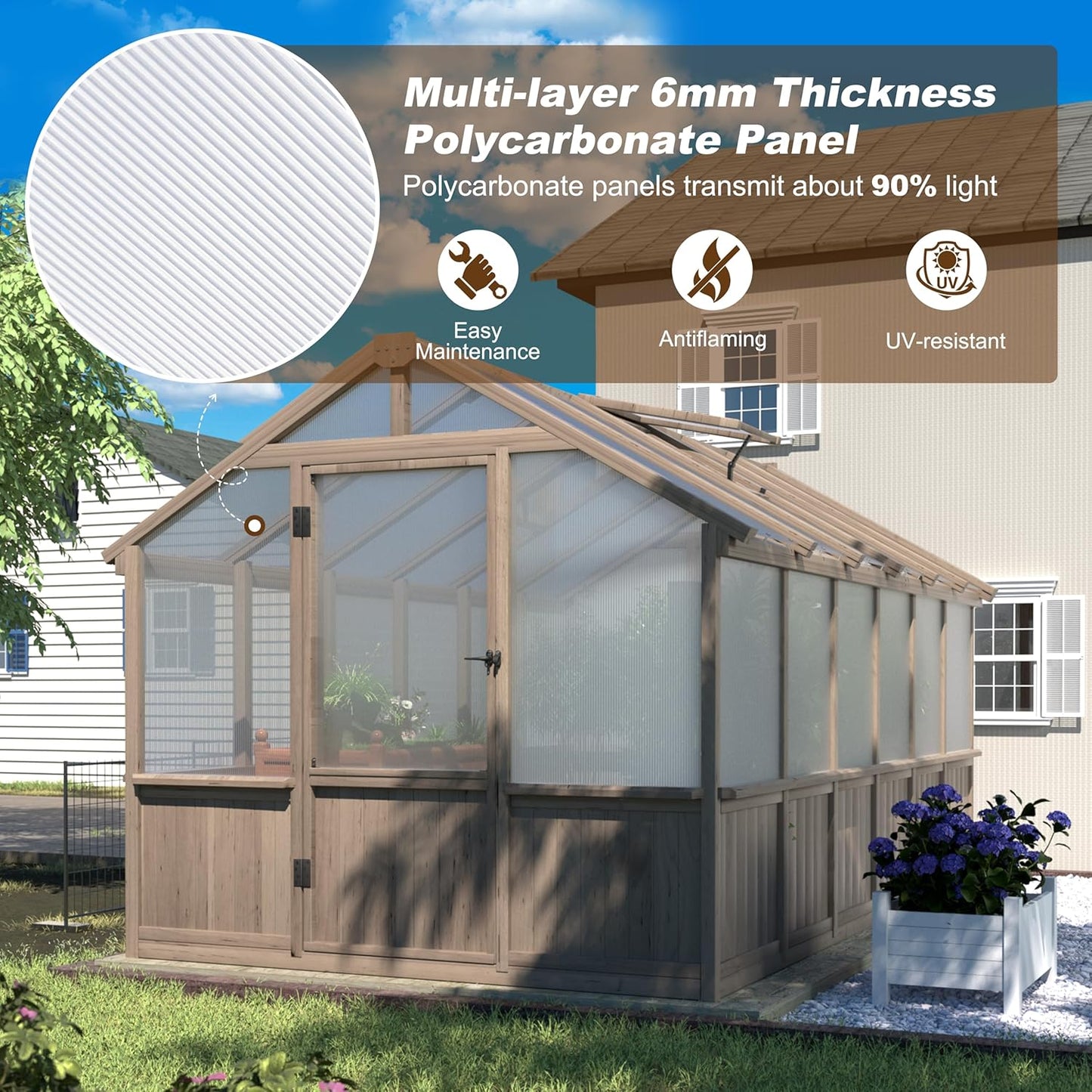MUPATER 8' x 12' Outdoors Walk-in Greenhouse, Wood Greenhouse with Ventilated Window and Lockable Door, 6mm Polycarbonate Panels for UV Protection and Heat Insulation,Suitable for Patio, Backyard