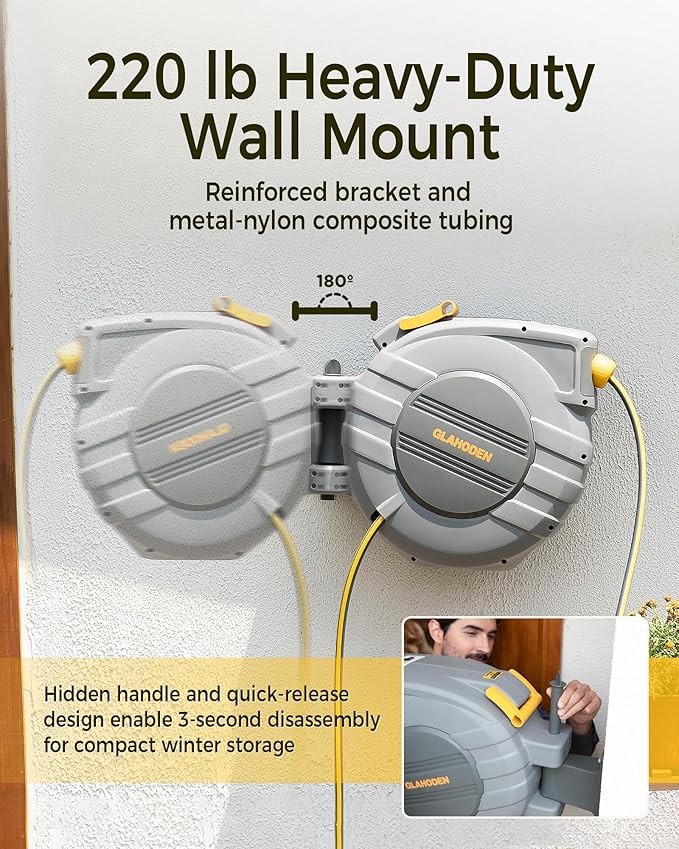 Retractable Garden Hose Reel 1/2 in x 130 ft, 2025 Upgraded Dual Ratchet Lock UV & Freeze Protection Brass Seal Slow Retraction Anti-Tangle Hose 180°Swivel Reinforced Scaffold Wall Mount