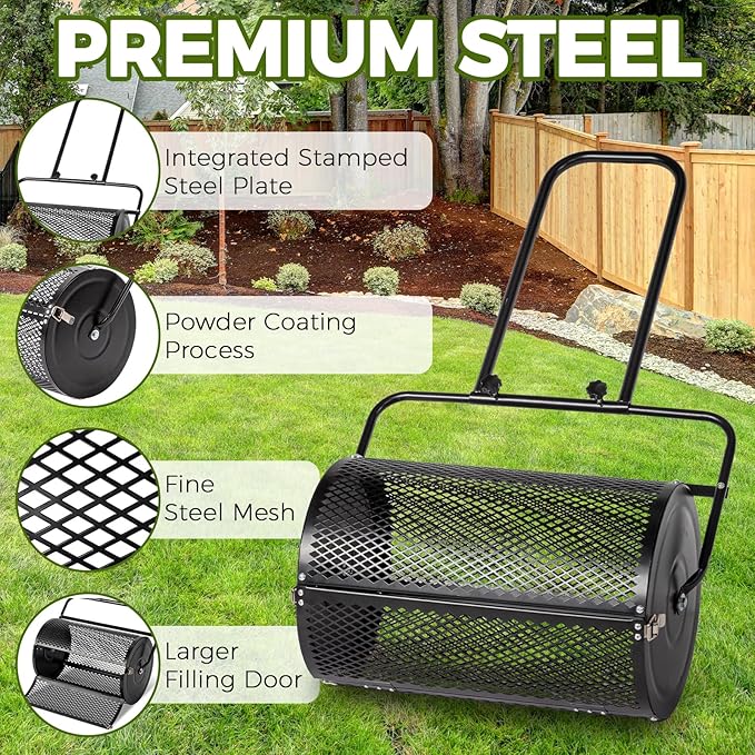 Outvita Compost Spreader and Peat Moss Spreader, 24" Push/Tow-Behind Roller Lawn Spreader with Steel Mesh Basket Garden Spreader for Spreading Manure Mulch Topsoil