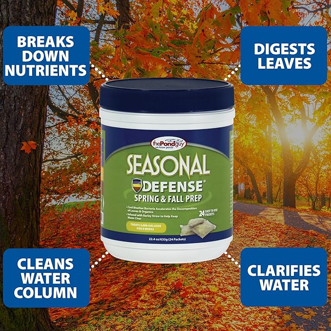 The Pond Guy Seasonal Defense, Spring & Fall Beneficial Bacteria, Barley & Enzymes, Cold Water Pond Sludge & Scum Treatment, Fish & Plant Safe, 12 Packets